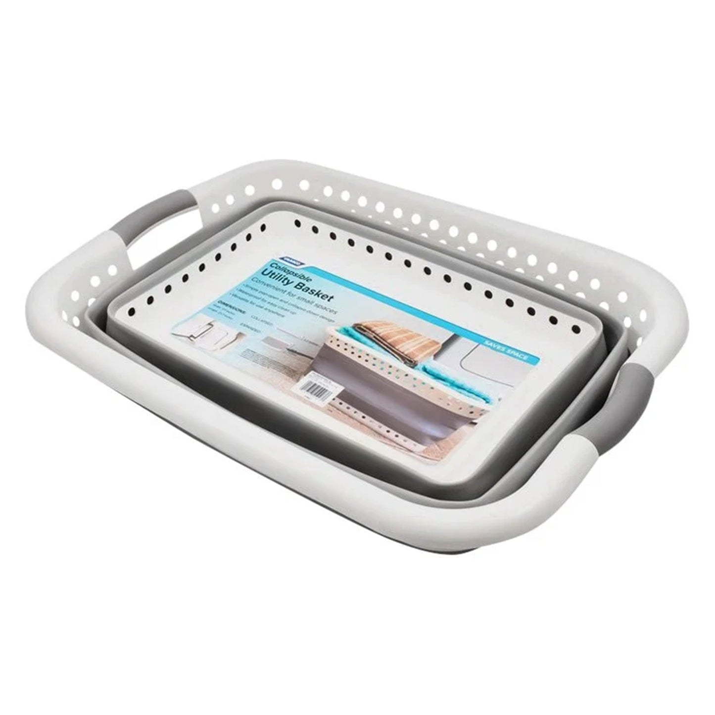 Camco Collapsible Laundry Basket, Plastic Bin, Handles for Storage, Large, White