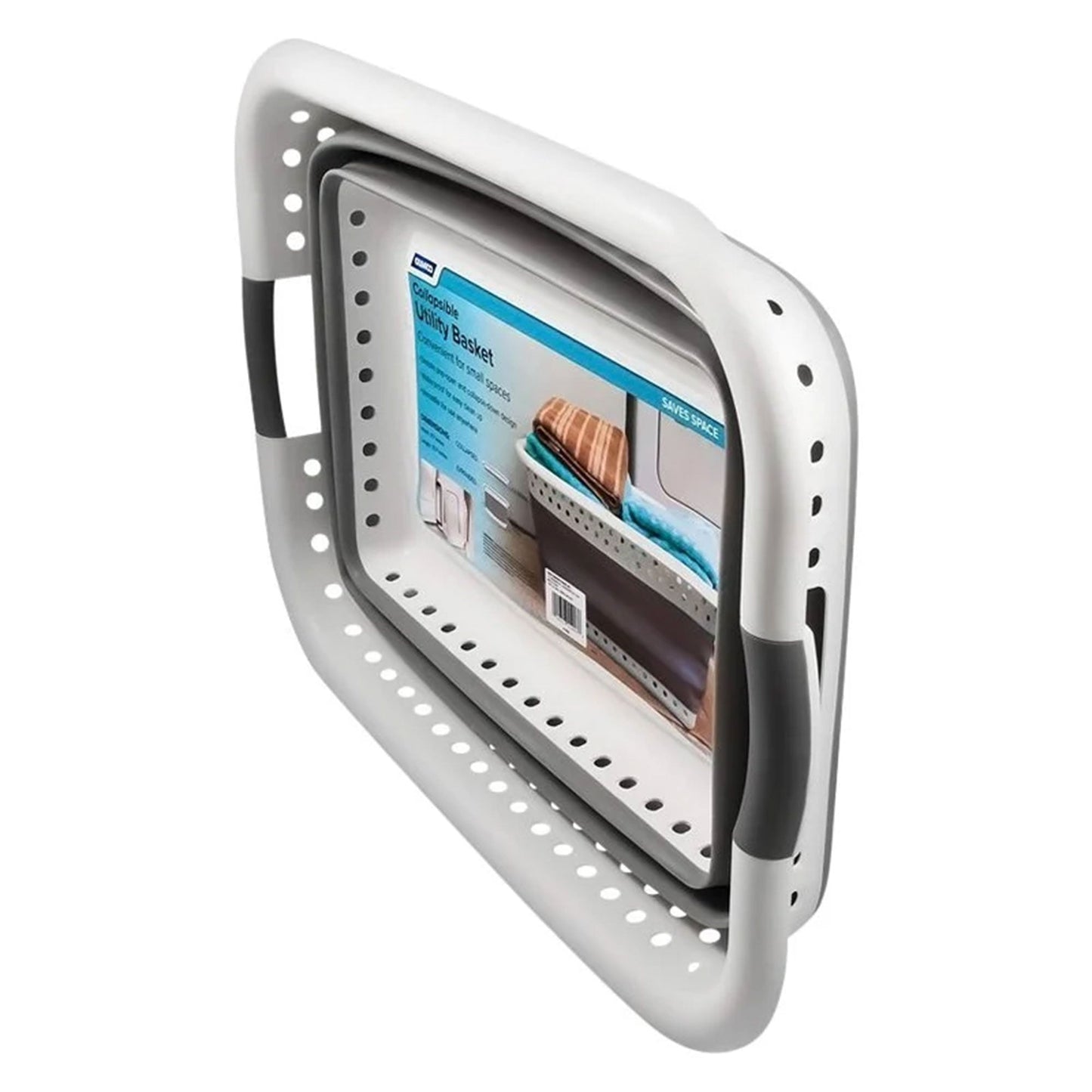 Camco Collapsible Laundry Basket, Plastic Bin, Handles for Storage, Large, White