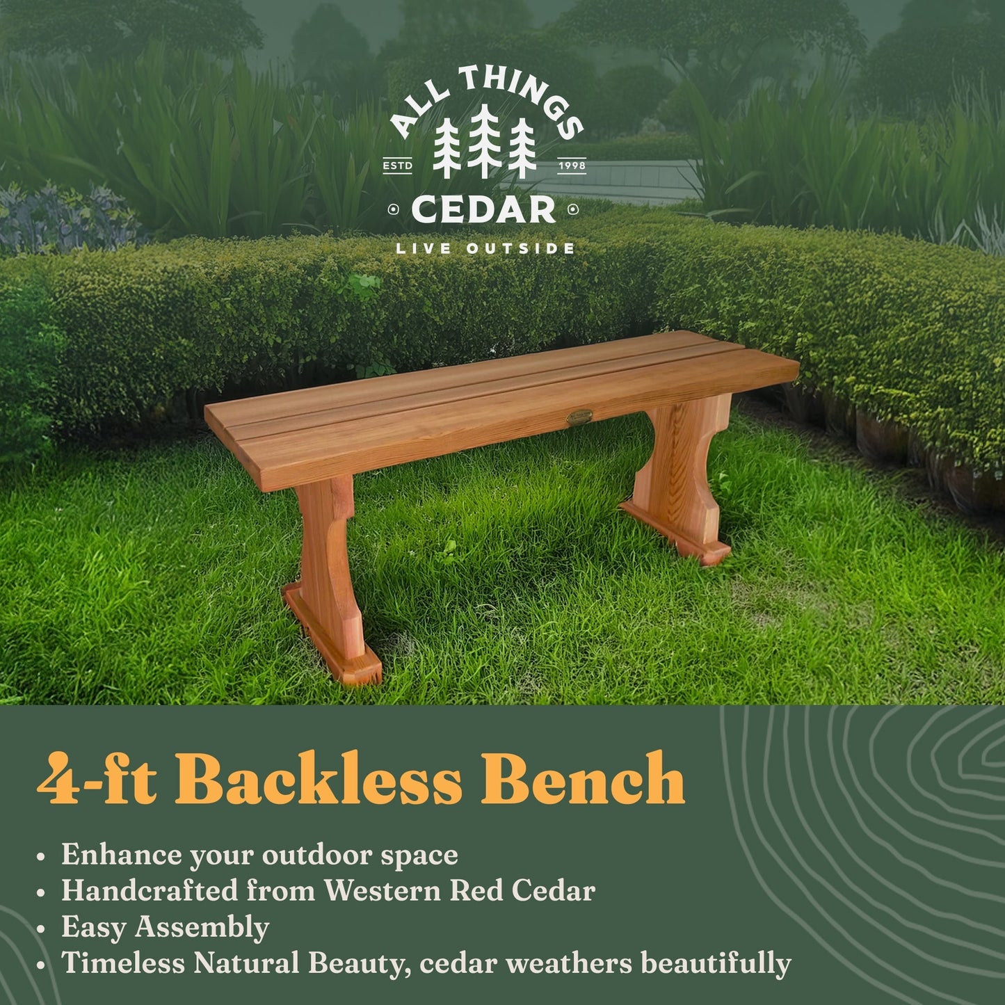 All Things Cedar 45” Deluxe Wood Backless Bench, Indoor Outdoor Seating, Natural