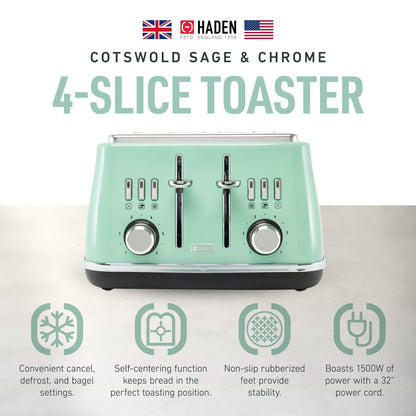 Haden Cotswold 4 Slice Extra Wide Slot Stainless Steel Toaster with Tray, Sage