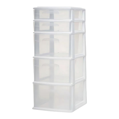 Homz Plastic 5 Drawer Medium Home Storage Cart, White Frame with Clear Drawer