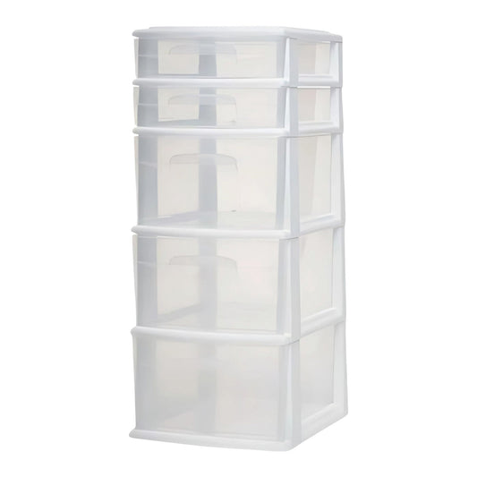 Homz Plastic 5 Drawer Medium Home Storage Cart, White Frame with Clear Drawer
