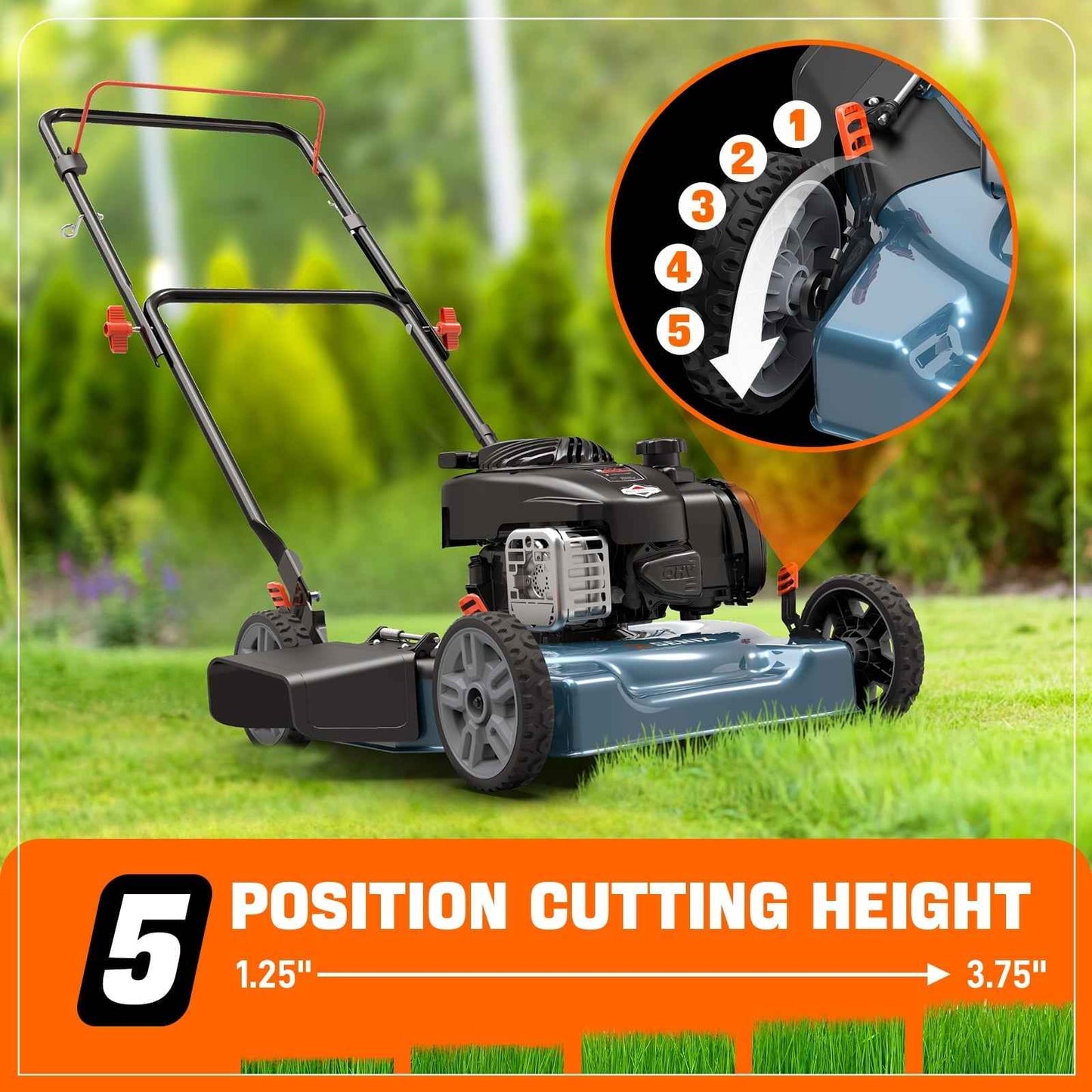 SENIX Gas Lawn Mower 20in Cutting Blade 21in Cutting Deck, 125 cc 4-Cycle Made in USA Briggs & Stratton Engine Push Mower, Side Discharge, 5-Position Height Adjustment, LSPG-L3