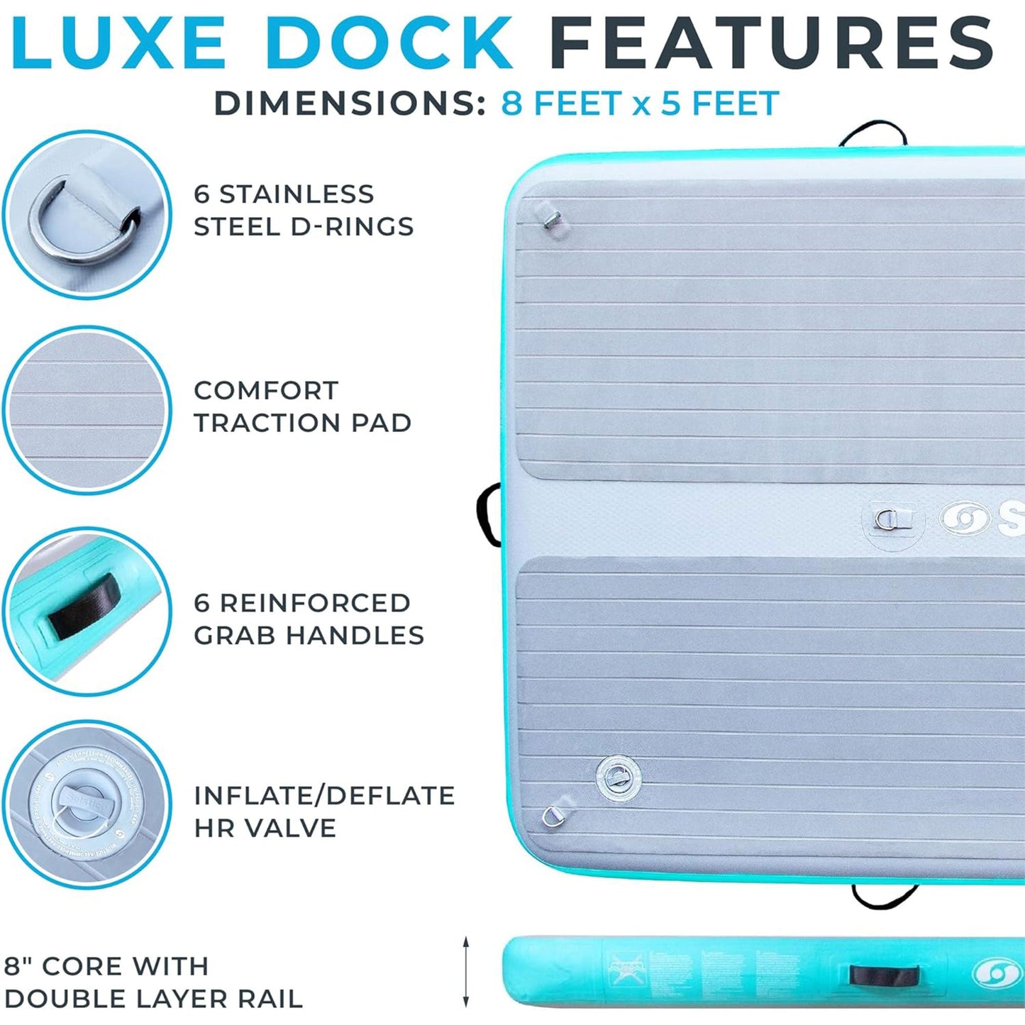 Solstice Original Inflatable LUXE Dock Platform 8' x 5' Floating Raft Water Mat