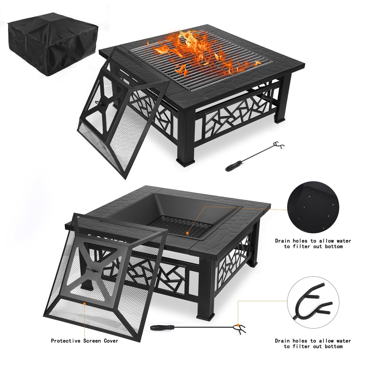 UHOMEPRO Fire Pit for Outside, 32" Square Fire Pit Table with BBQ Net, Mesh Lid, Poker and Cover, Wood Burning Outdoor Heating Fire Pit Stove for Patio, Backyard, Camping, Black