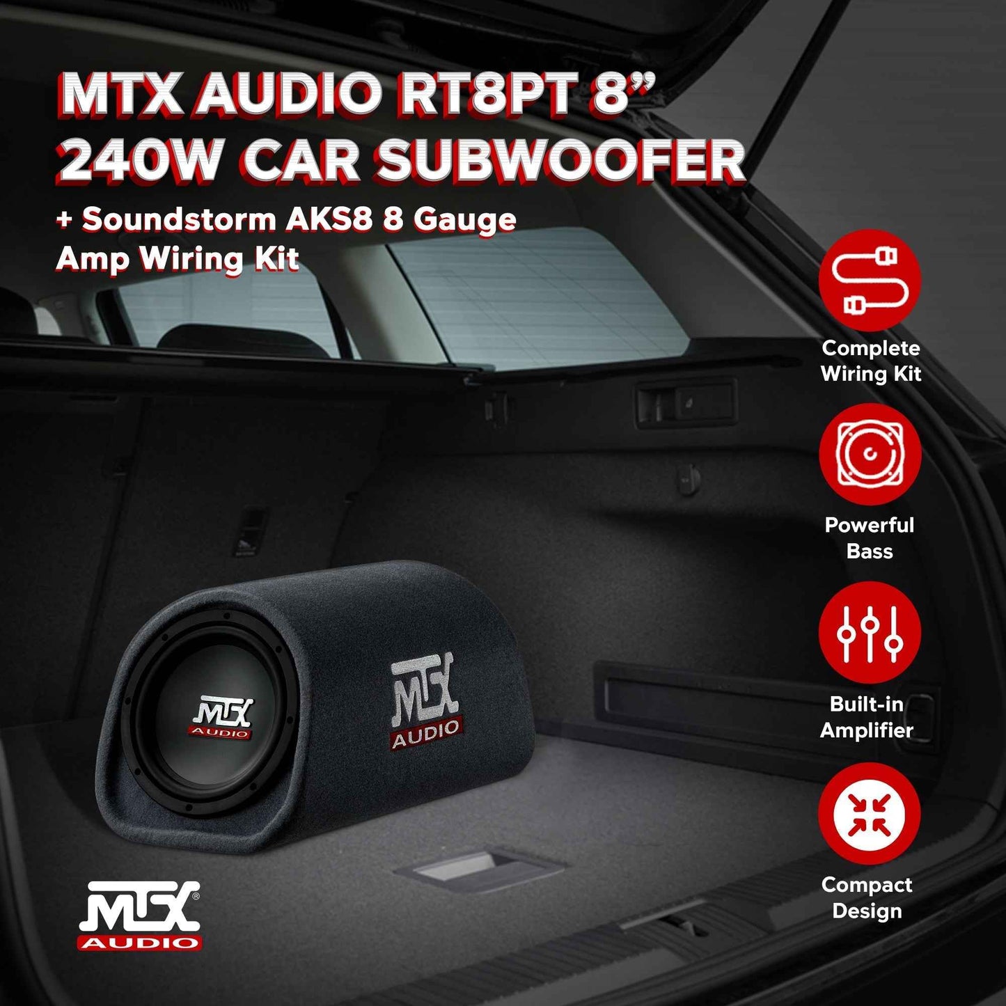 MTX AUDIO RT8PT 8" 240W Car Loaded Subwoofer Enclosure Amplified Tube Box Vented