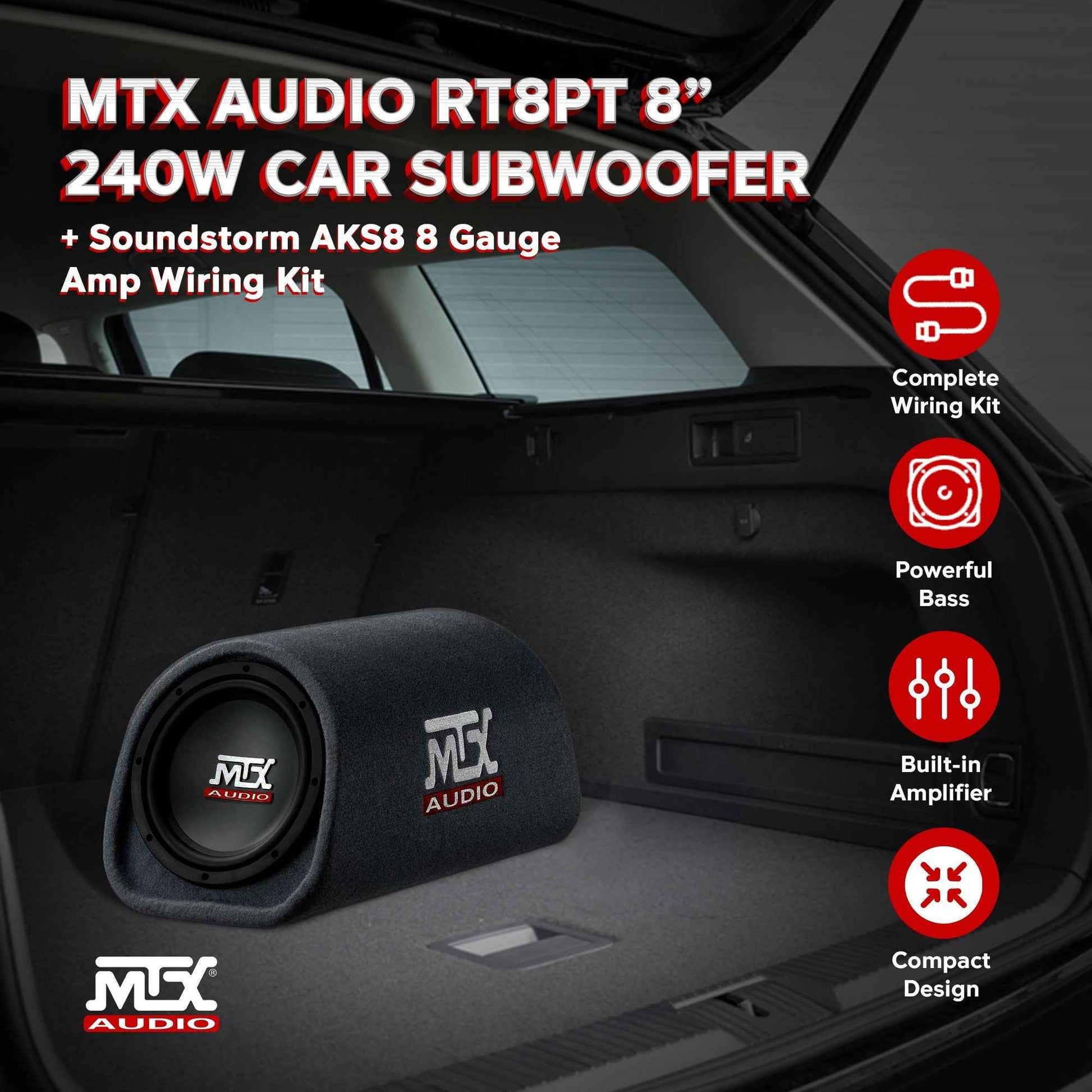 MTX AUDIO RT8PT 8" 240W Car Loaded Subwoofer Enclosure Amplified Tube Box Vented