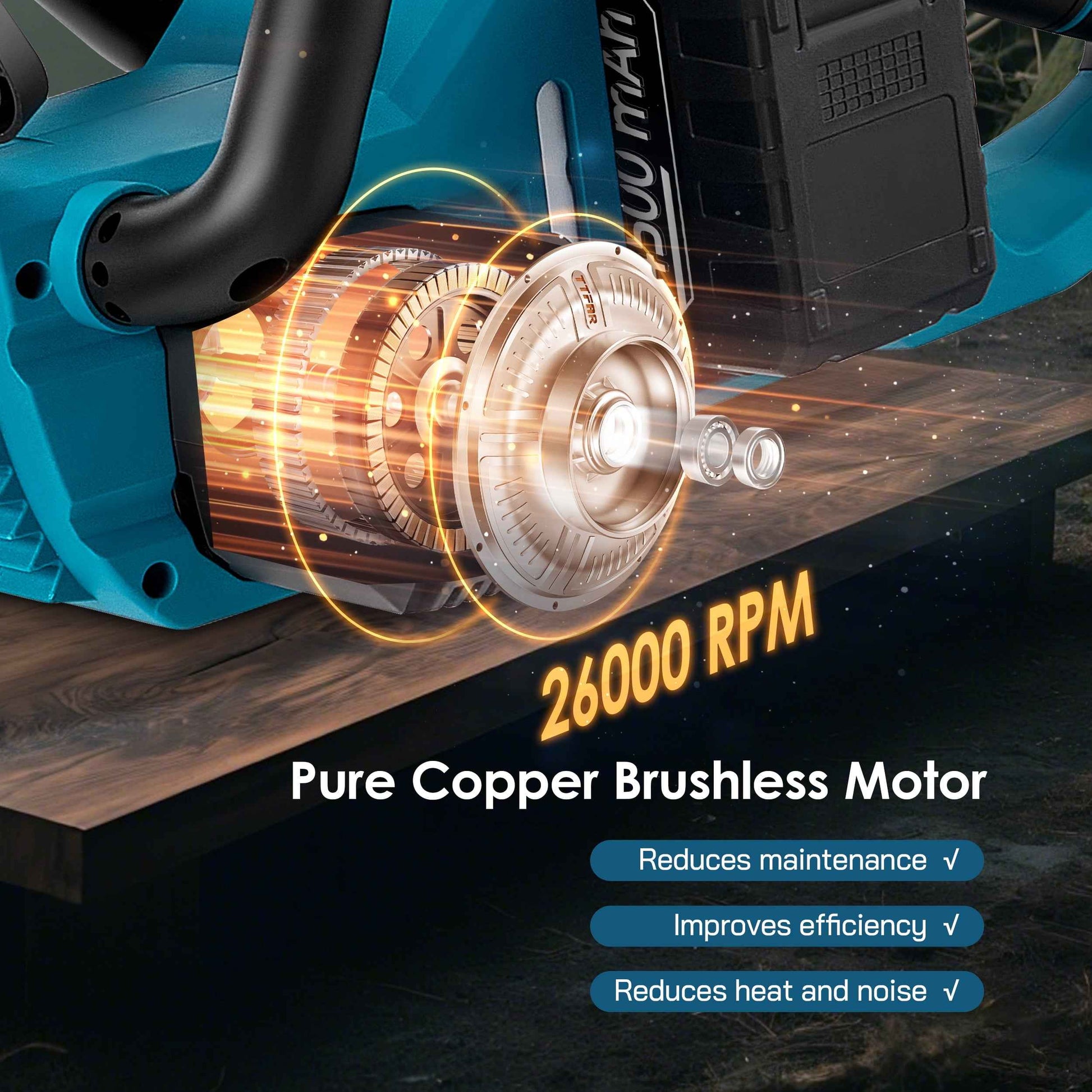 RELOIVE 16" Cordless Electric Chainsaw with Brushless Motor, 26000 RPM, 42.6 FT/S Chain Speed, Two 4.5Ah Batteries, 4 Chains, Handheld Wood Cutting Tool