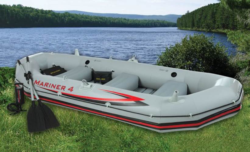 Intex Mariner 4 Inflatable Raft River/Lake Dinghy Boat Set & Motor Mount Kit - Find Fresh Goods