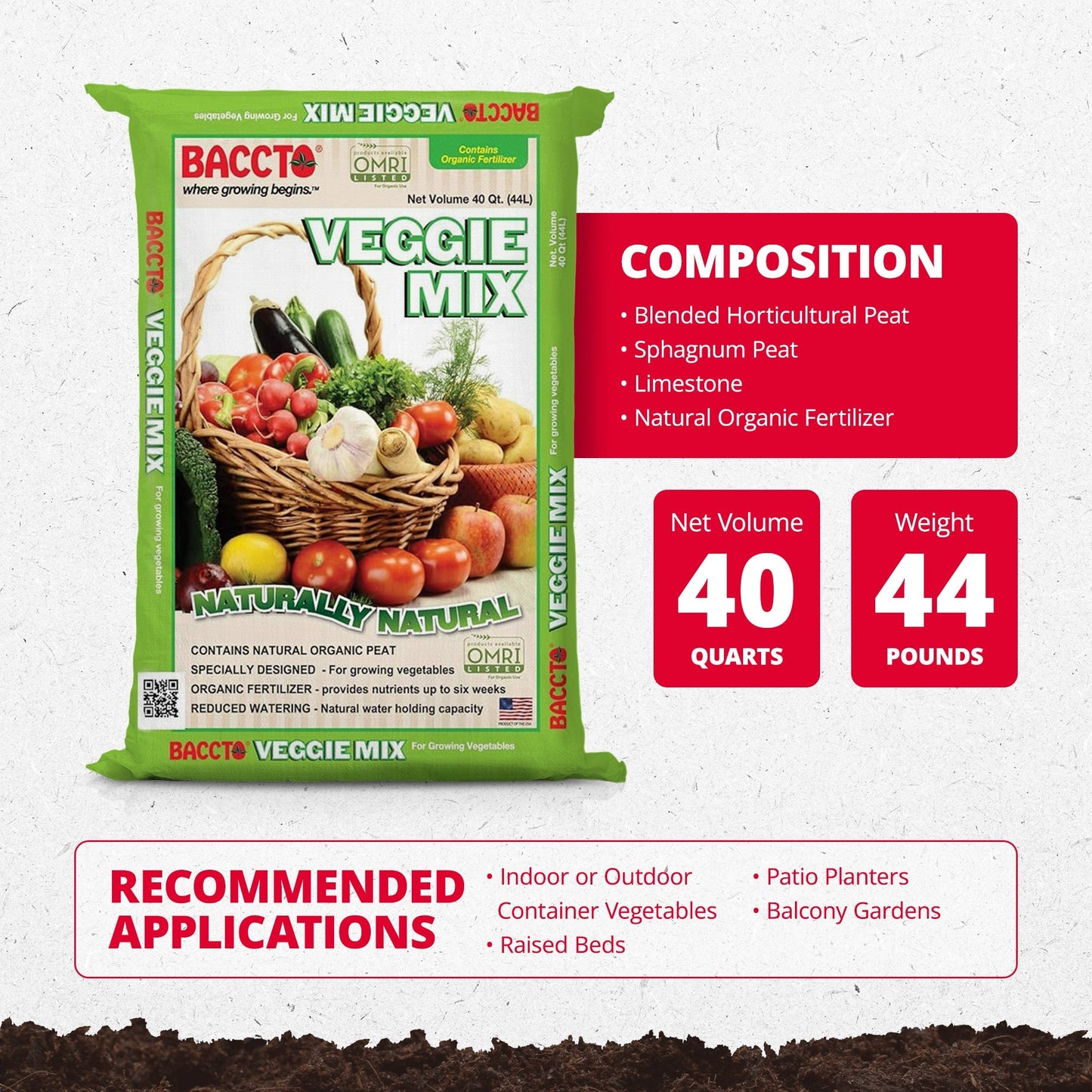 Michigan Peat Company BACCTO Veggie Planting Mix for Vegetables, 40 Quart Bag