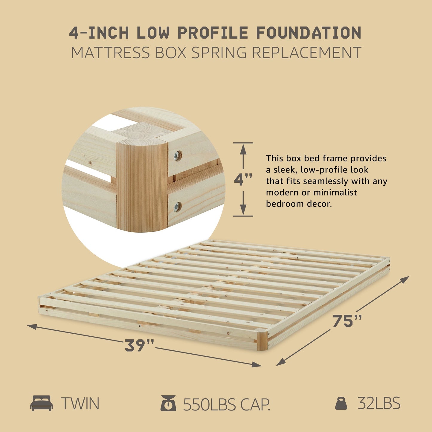Hercules 4 Inch Low Profile Foundation Mattress Box Spring Replacement, Twin