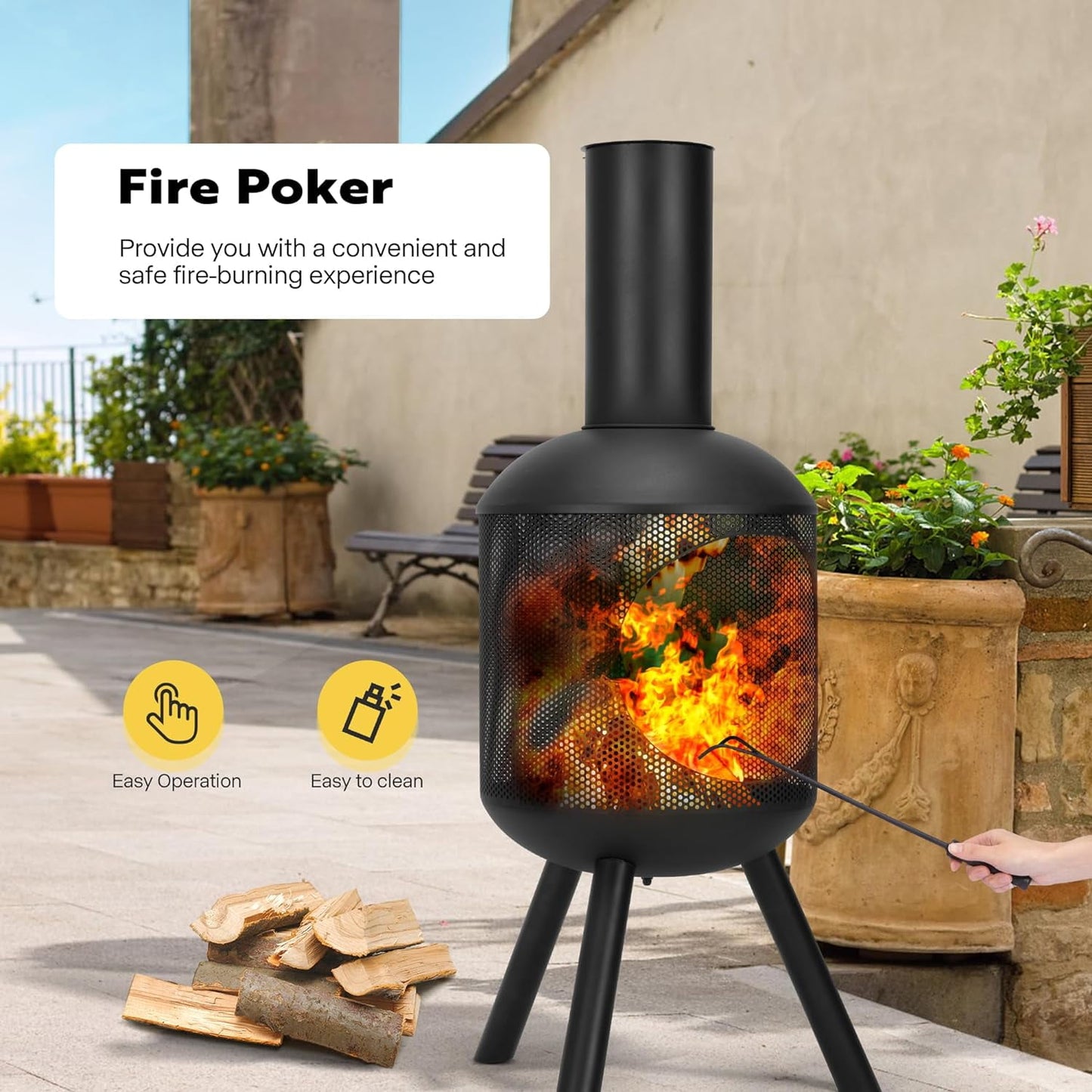 SPECSTAR 46 Inch Chiminea Outdoor Fireplace, Cold-Rolled Steel Wood Burning Fire Pit with Mesh Design, Top Chimney Cover