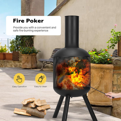 SPECSTAR 46 Inch Chiminea Outdoor Fireplace, Cold-Rolled Steel Wood Burning Fire Pit with Mesh Design, Top Chimney Cover