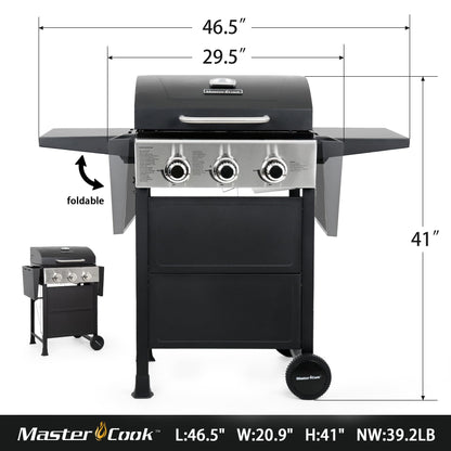 MASTER COOK 3 Burner BBQ Propane Grill, 30,000 BTU Patio Garden Barbecue Gas Grill with Two Foldable Shelves