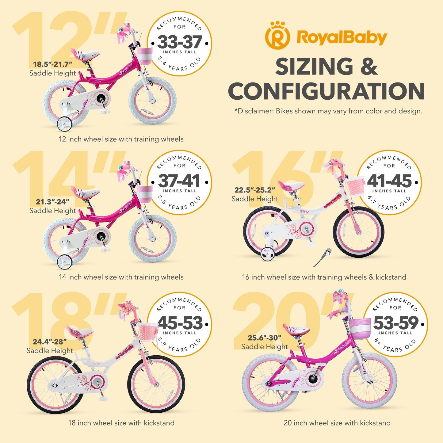 RoyalBaby Princess Girl Kids Bicycle 12" with Training Wheels, Jenny/White Pink