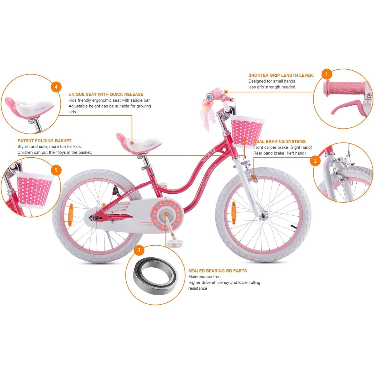 RoyalBaby Stargirl Children's Outdoor Bicycle, 18 Inch with Kickstand, Pink