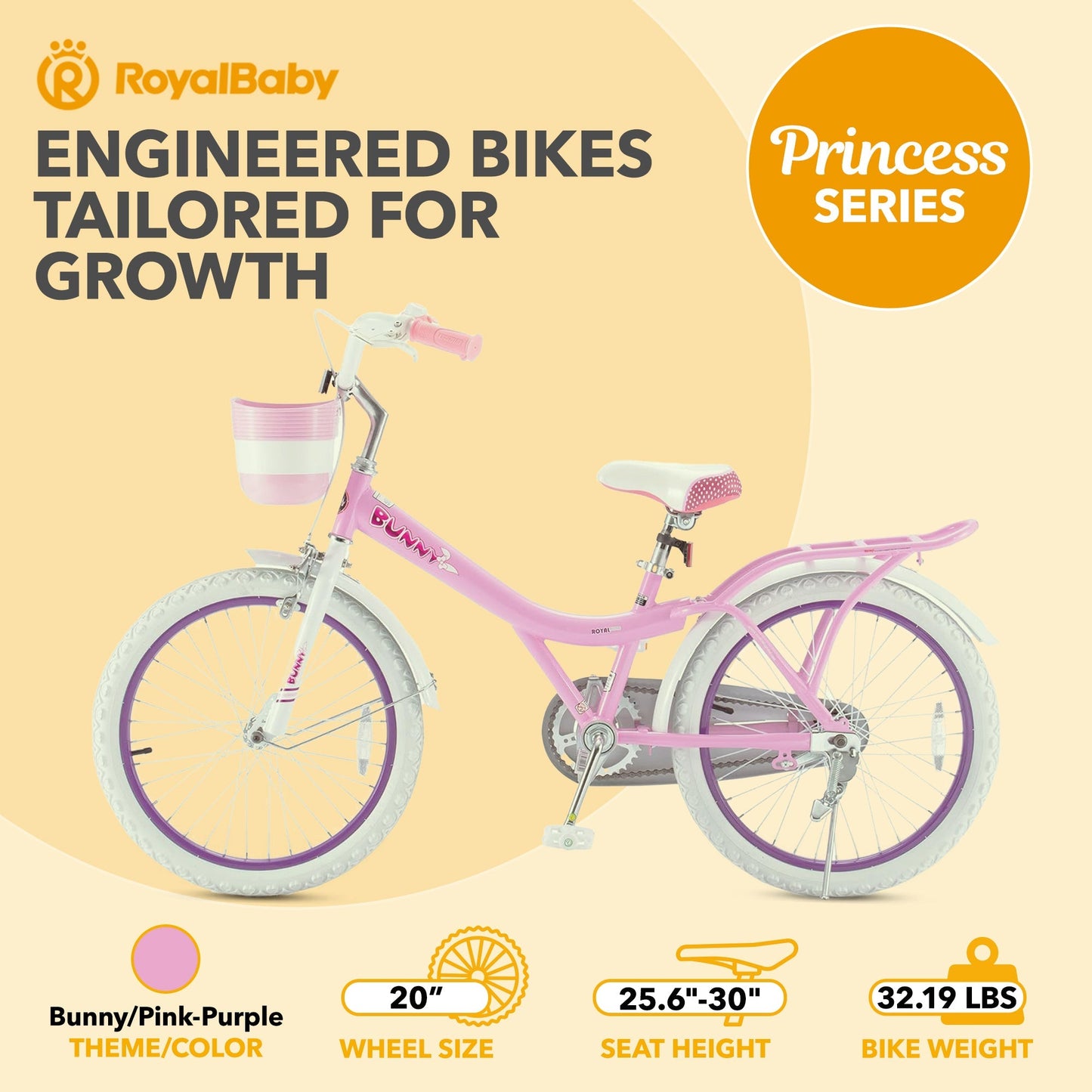 RoyalBaby Princess Girl Kids Bicycle 20" with Kickstand, Bunny/Pink Purple
