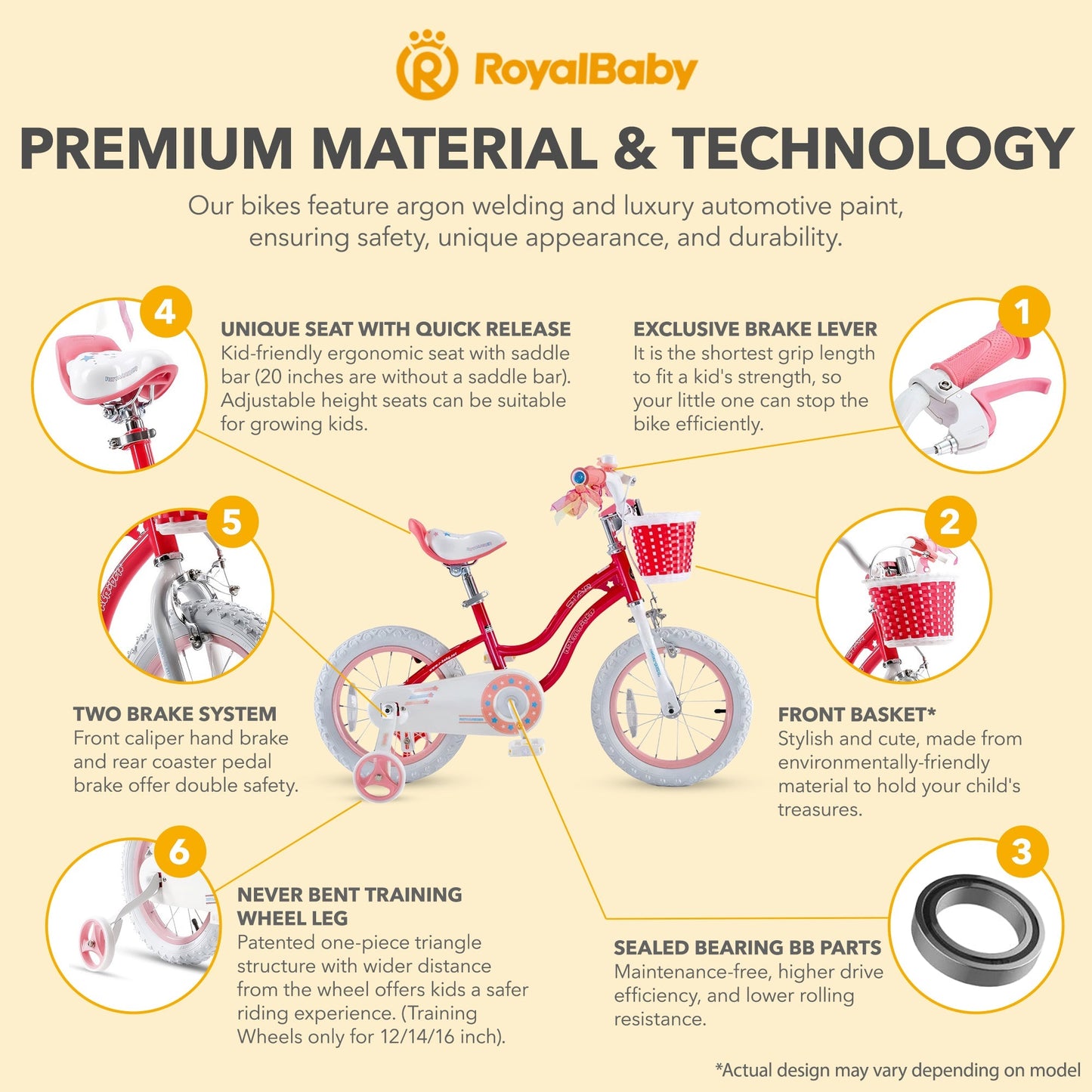 RoyalBaby Stargirl Children's Outdoor Bicycle 14 Inch with Training Wheels, Pink