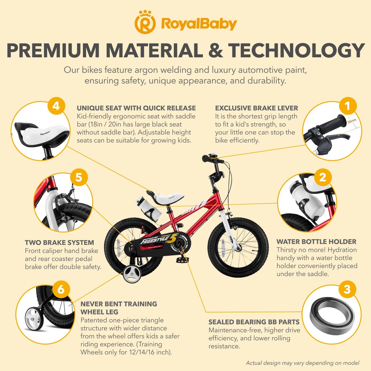 RoyalBaby Freestyle Outdoor Kid's Bicycle with Training Wheels, 12 Inch, Red