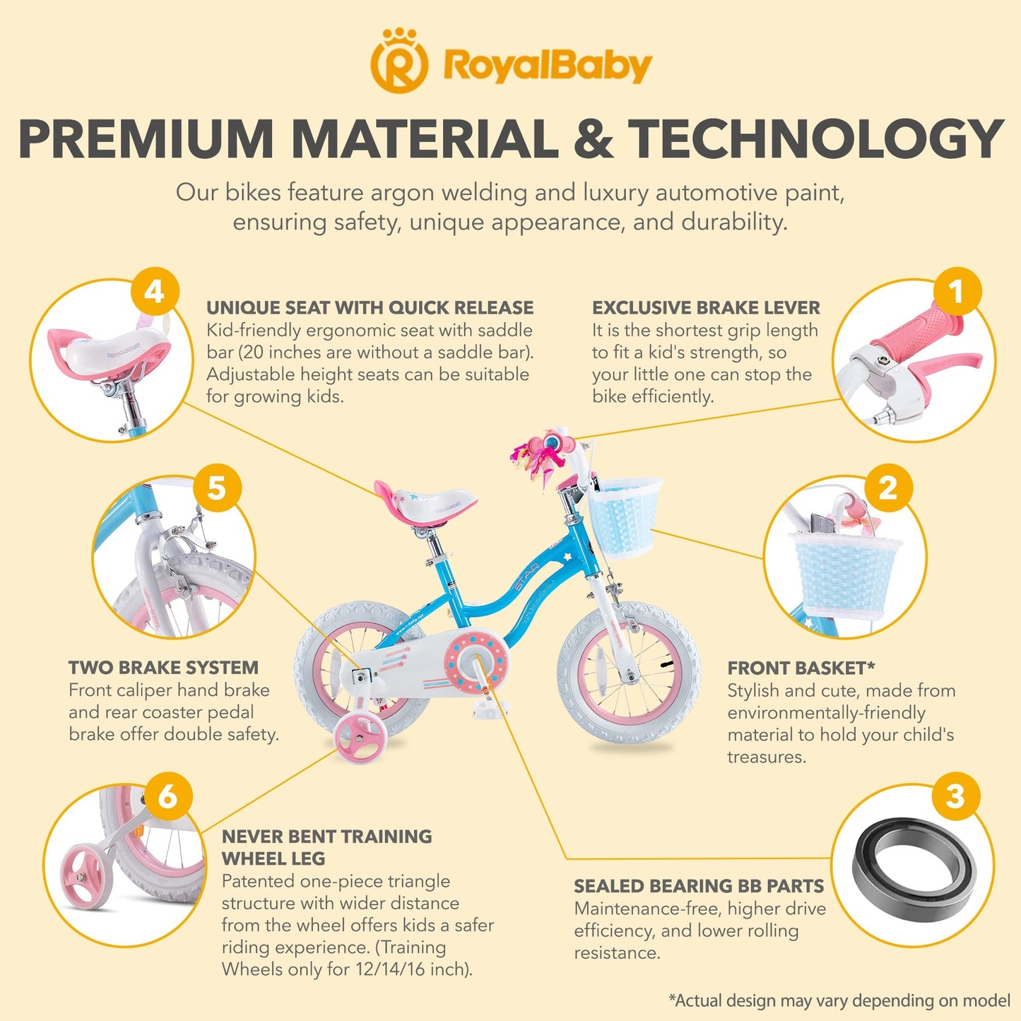 RoyalBaby Stargirl Children's Outdoor Bicycle 12 Inch with Training Wheels, Blue