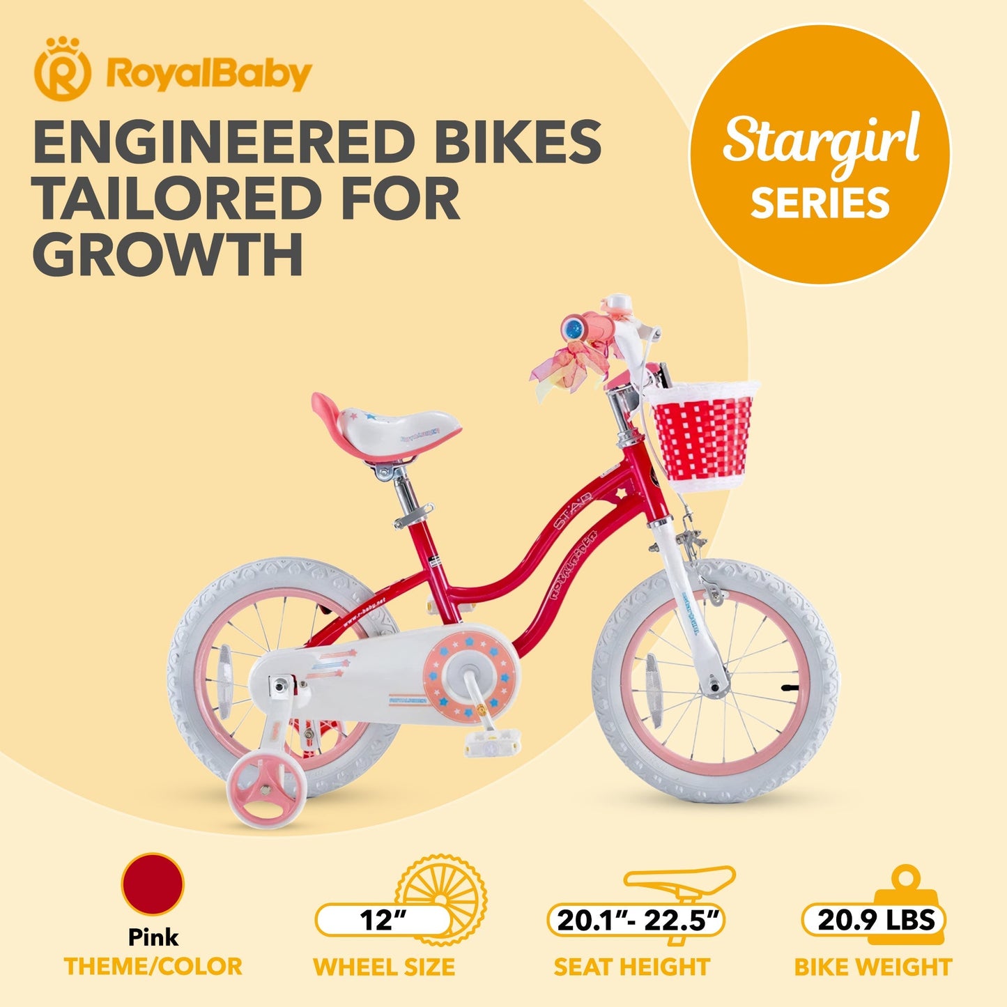 RoyalBaby Stargirl Children's Outdoor Bicycle 12 Inch with Training Wheels, Pink