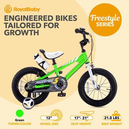 RoyalBaby Freestyle Outdoor Kid's Bicycle with Training Wheels, 12 Inch, Green