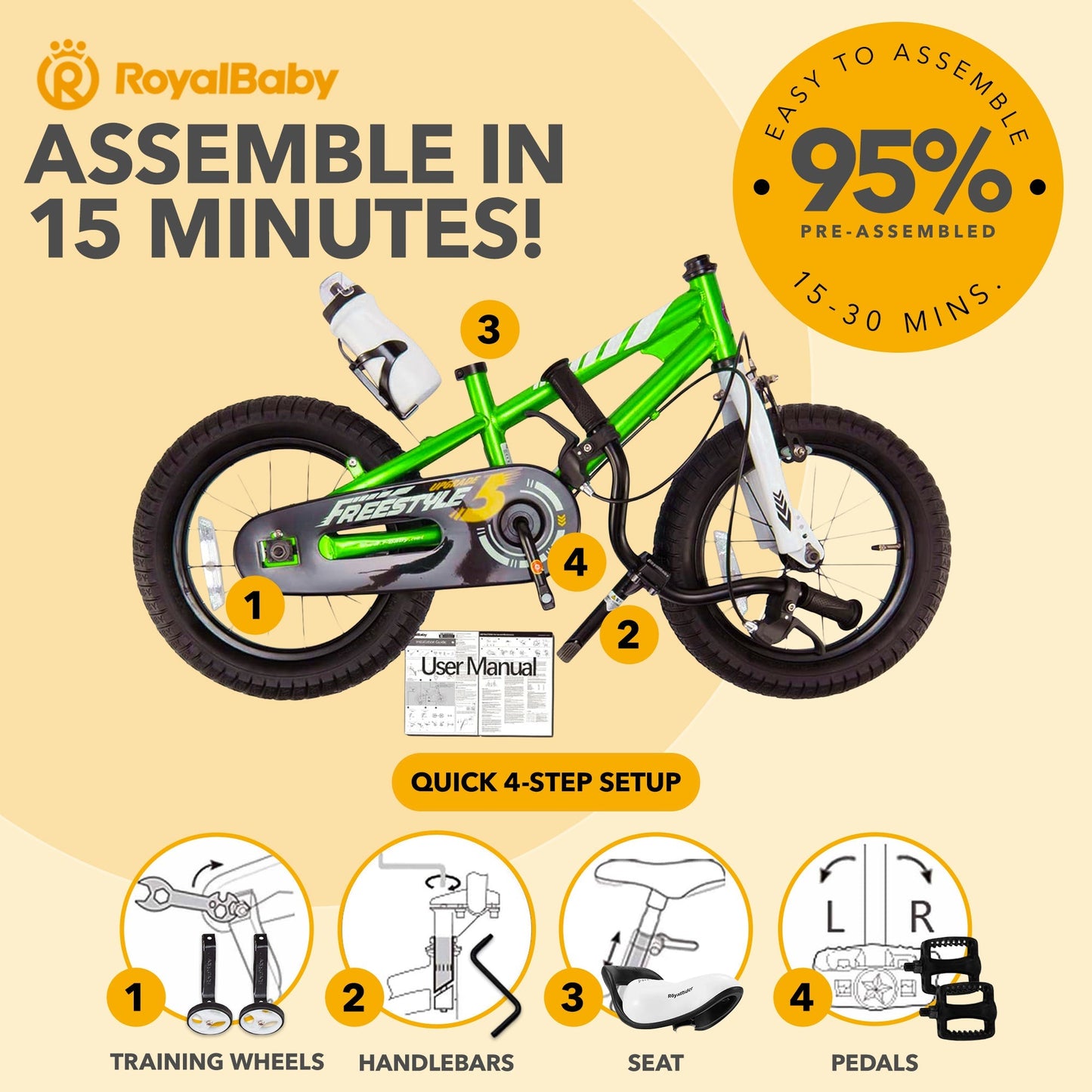 RoyalBaby Freestyle Outdoor Kid's Bicycle with Training Wheels, 12 Inch, Green