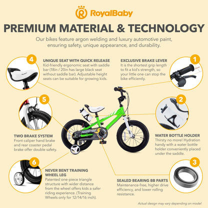 RoyalBaby Freestyle Outdoor Kid's Bicycle with Training Wheels, 12 Inch, Green