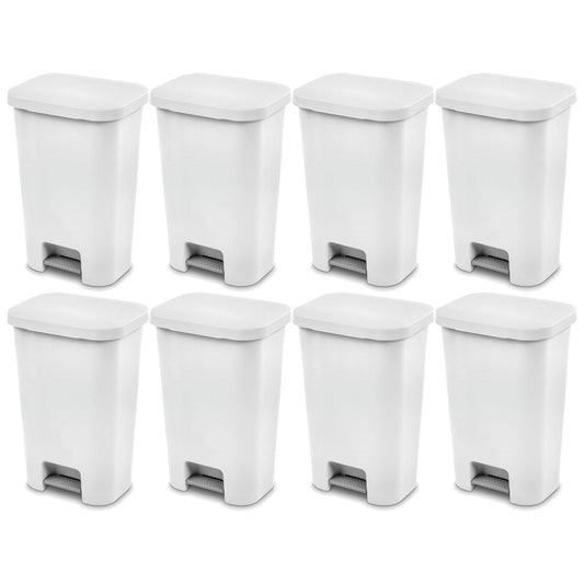 Sterilite 11.9 Gal Rectangle Step On Trash Kitchen Wastebasket, White (8 Pack)