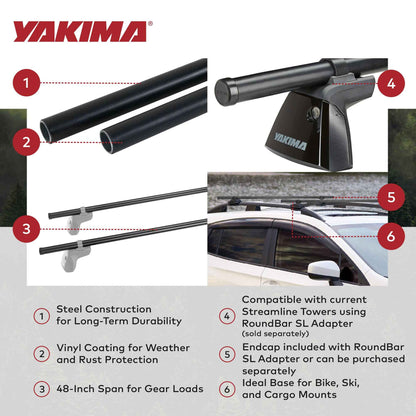 Yakima RoundBar Small 48” Steel Round Roof Rack System Crossbars, Set of 2