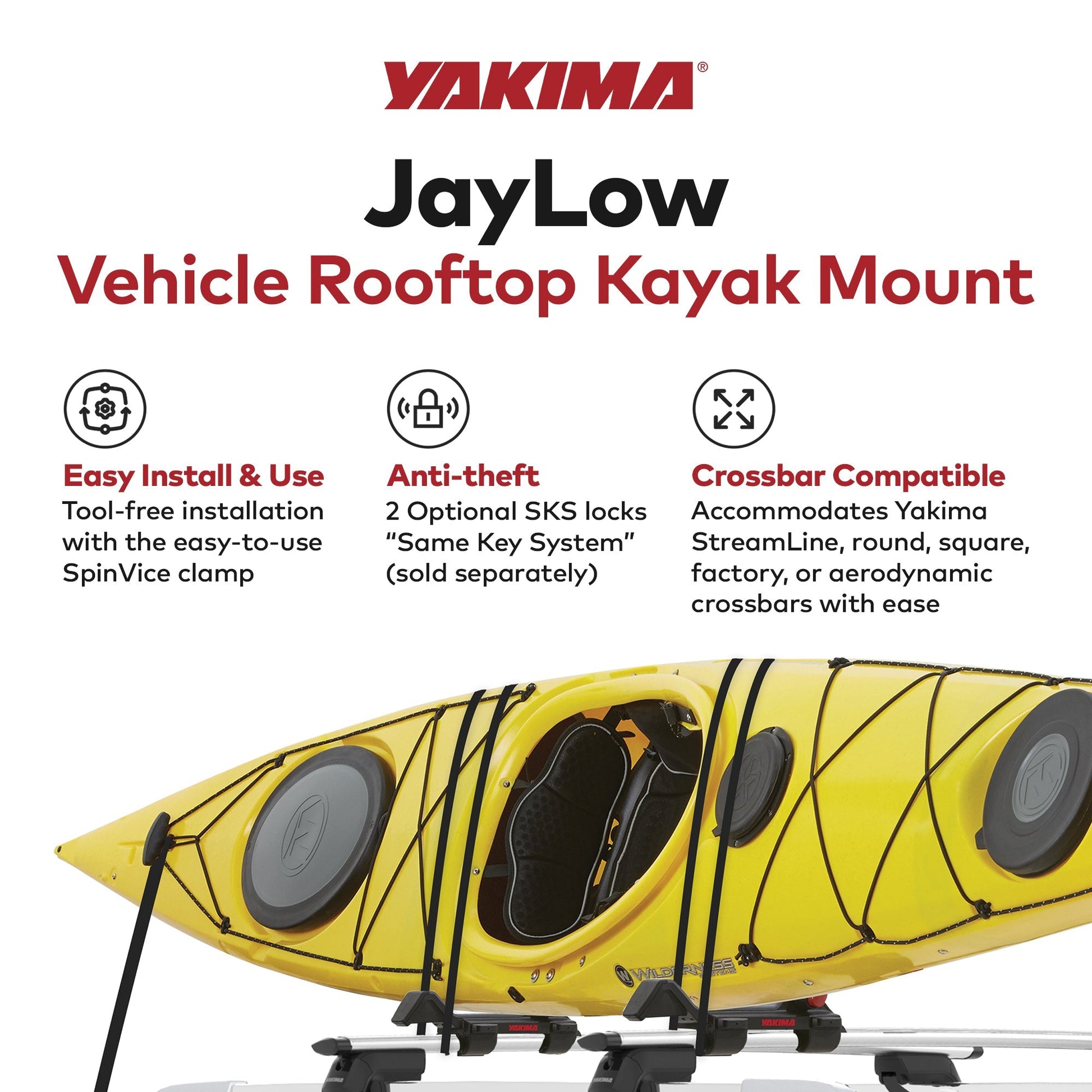 Yakima JayLow Rooftop Mounted Kayak Rack, Compatible with StreamLine Towers - Find Fresh Goods