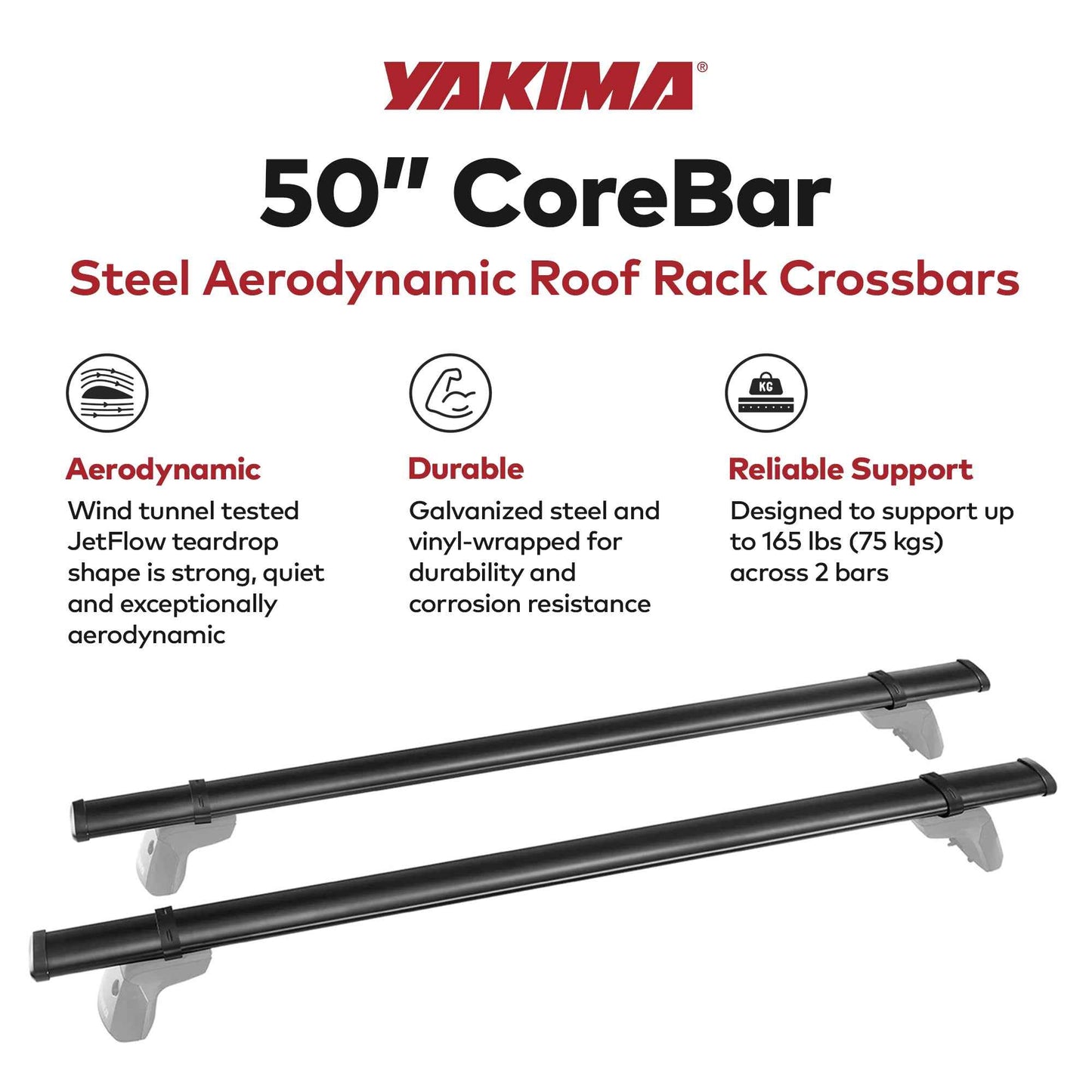 YAKIMA 50 Inch Steel CoreBar Aerodynamic Roof Rack Crossbars, Black, Set of 2