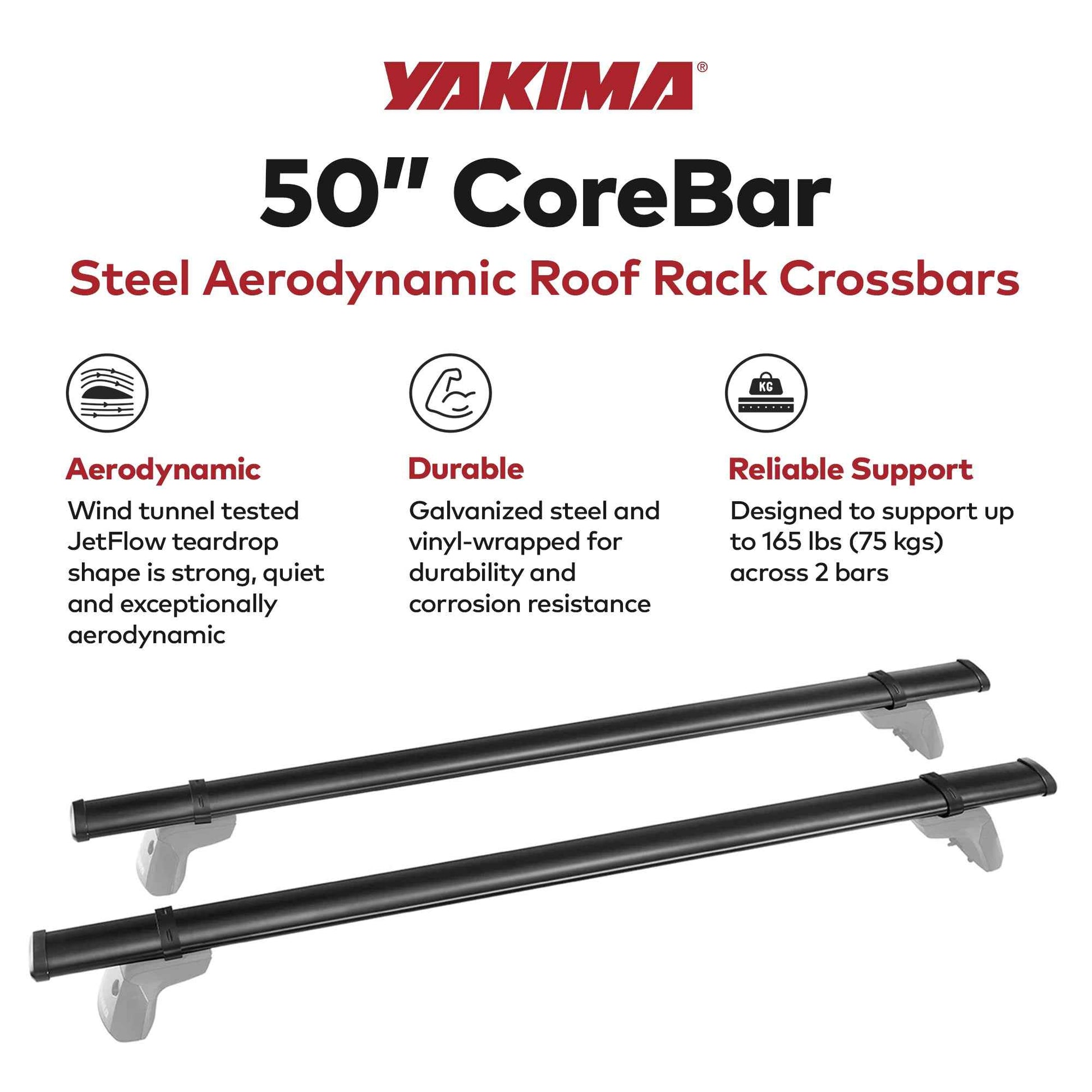YAKIMA 50 Inch Steel CoreBar Aerodynamic Roof Rack Crossbars, Black, Set of 2