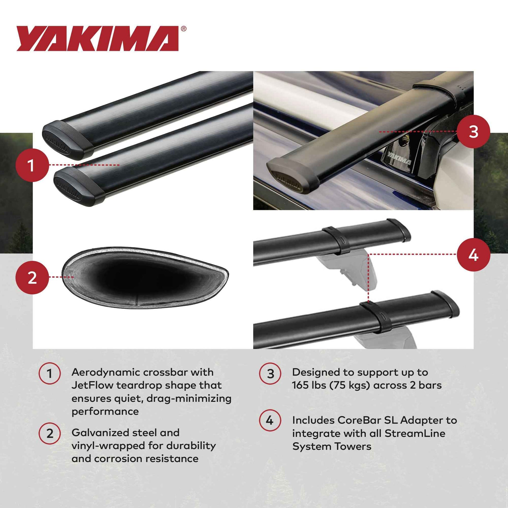 YAKIMA 50 Inch Steel CoreBar Aerodynamic Roof Rack Crossbars, Black, Set of 2