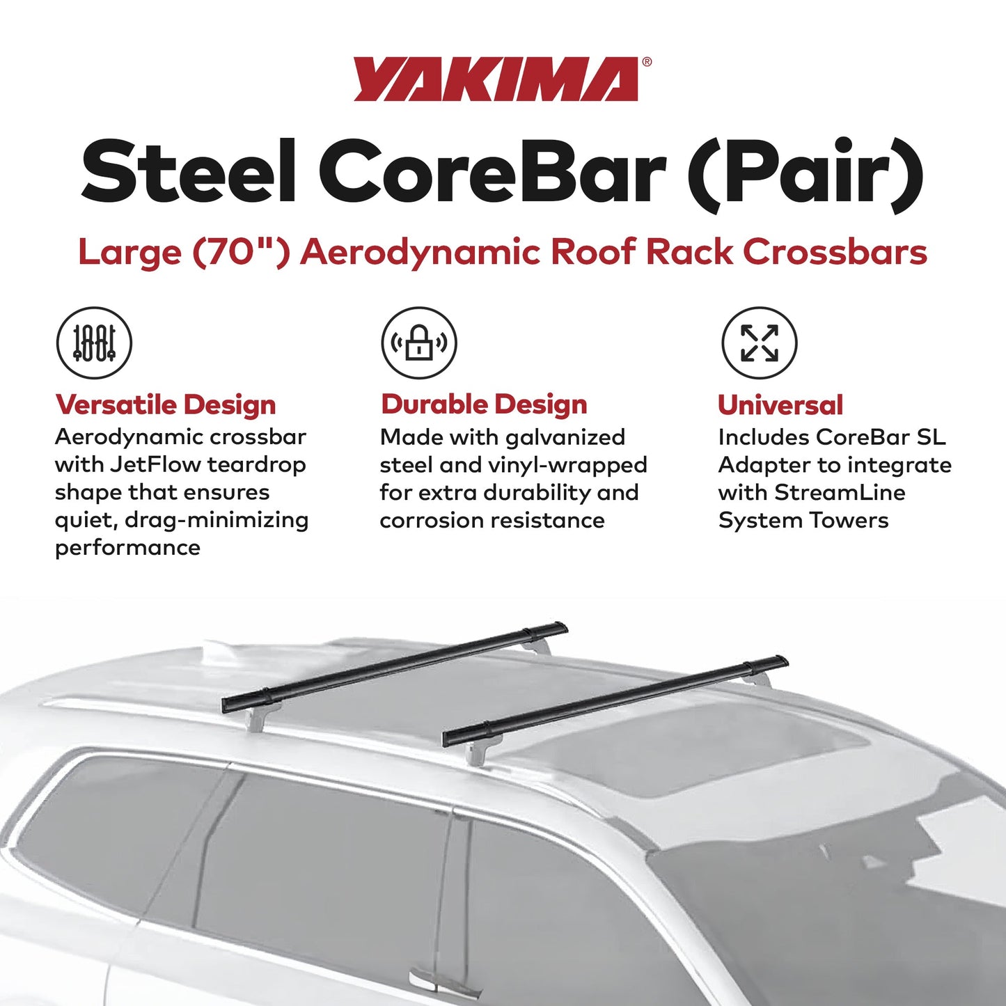 YAKIMA 70 Inch Steel CoreBar Aerodynamic Roof Rack Crossbars, Black, Set of 2 - Find Fresh Goods