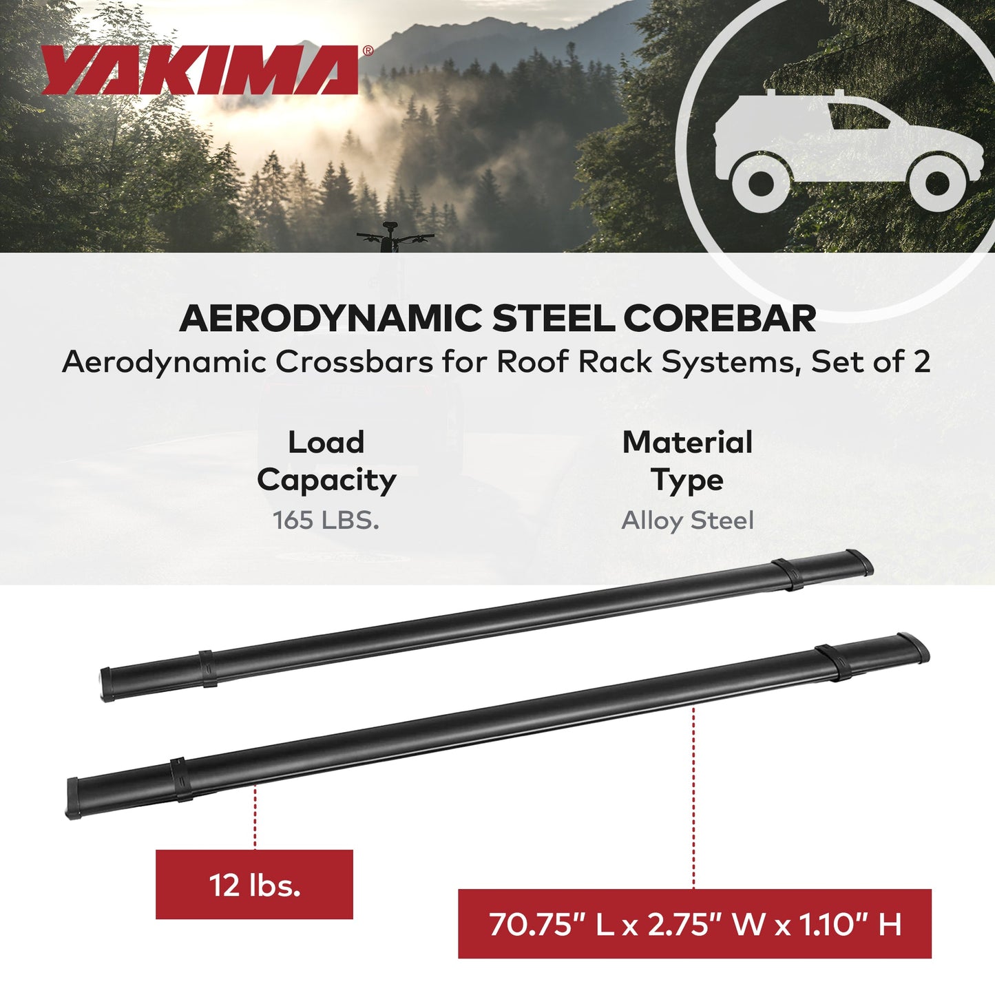 YAKIMA 70 Inch Steel CoreBar Aerodynamic Roof Rack Crossbars, Black, Set of 2 - Find Fresh Goods