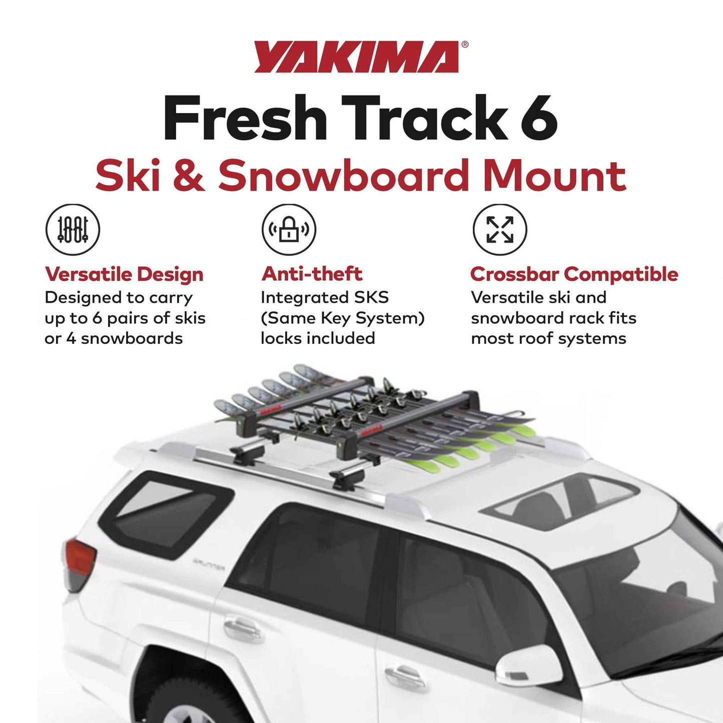 Yakima FreshTrack 6 Universal Car Roof Top Mount Ski and Snowboard Rack, Black