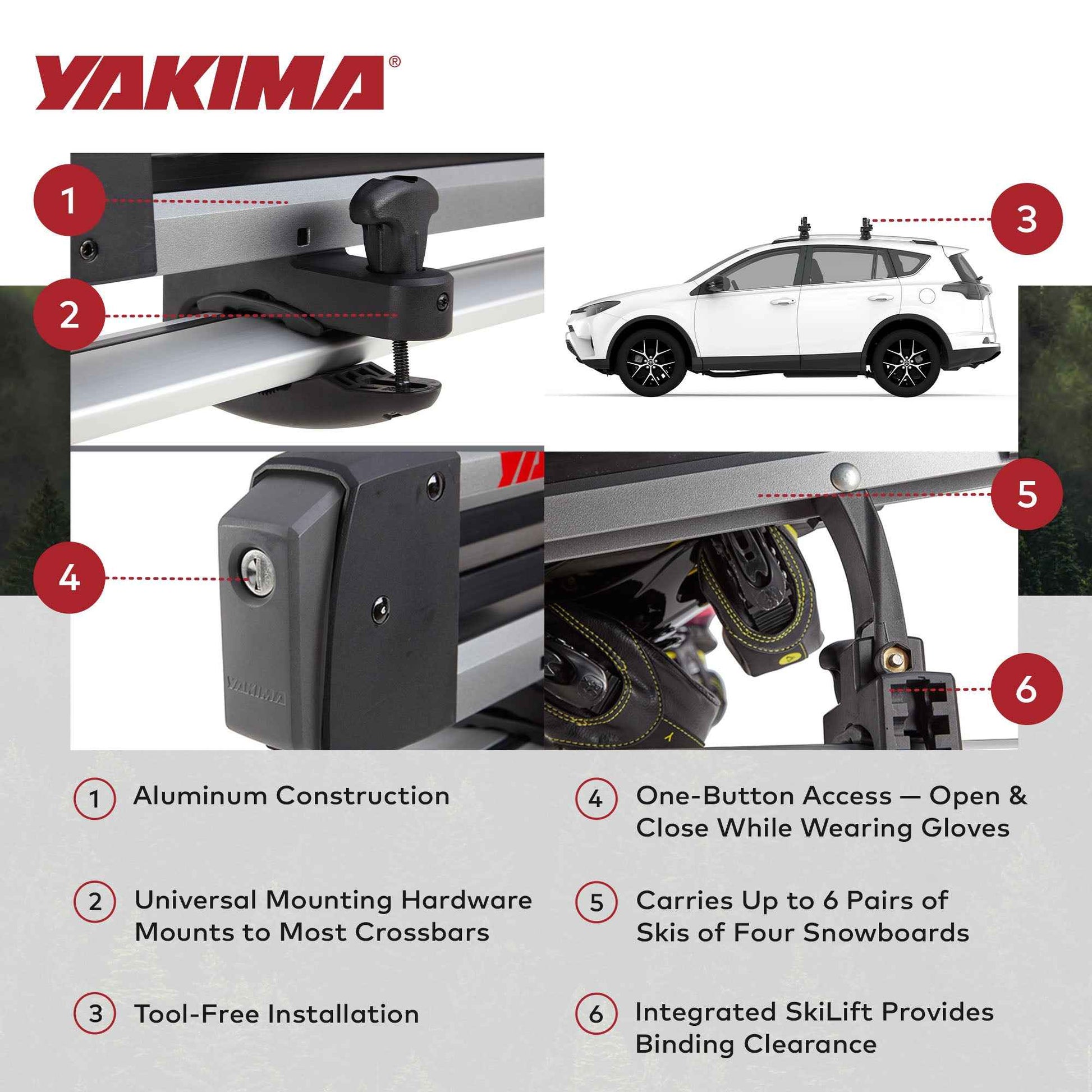 Yakima FreshTrack 6 Universal Car Roof Top Mount Ski and Snowboard Rack, Black