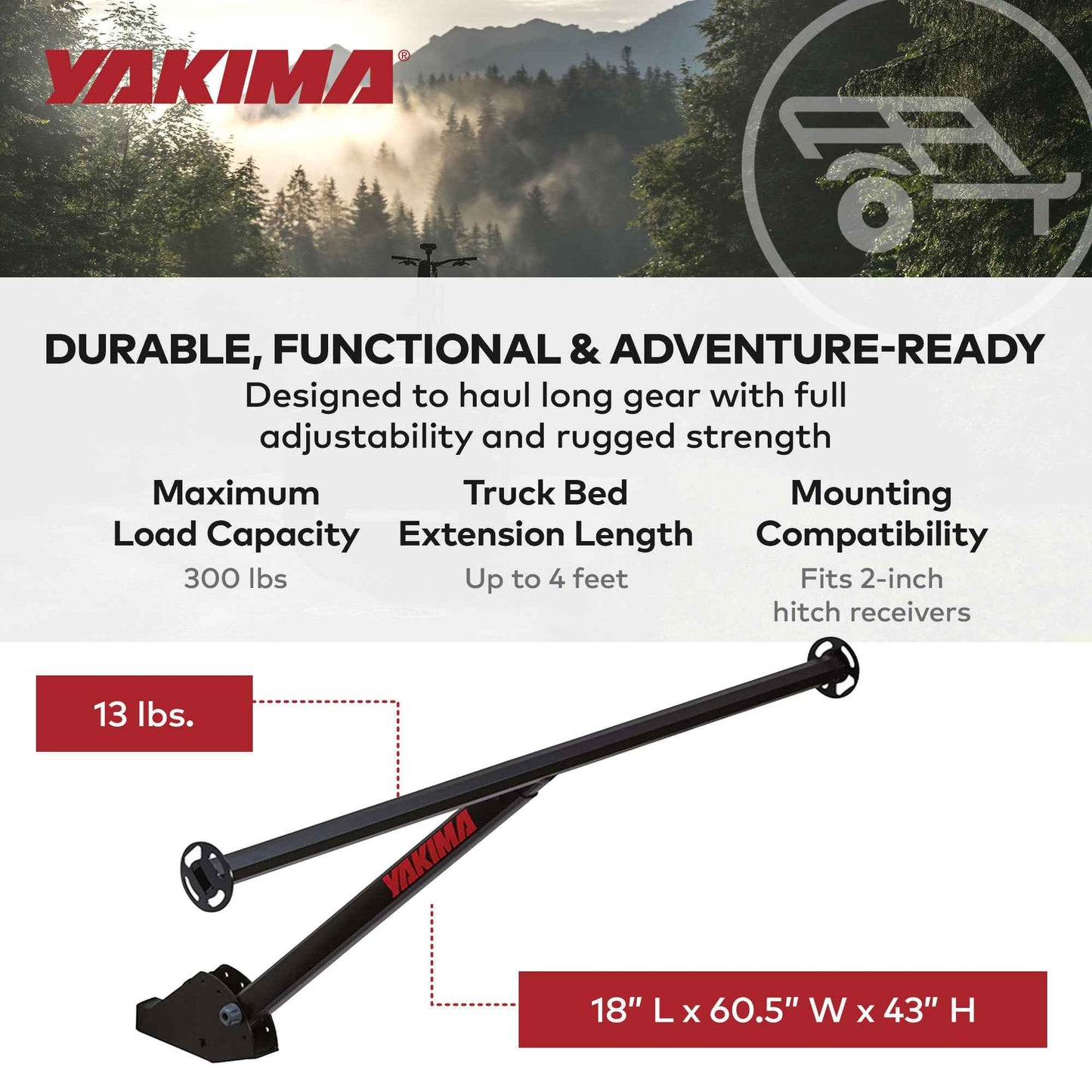 Yakima LongArm Aluminum Hitch Mounted Adjustable Truck Bed Extender Rack, Black