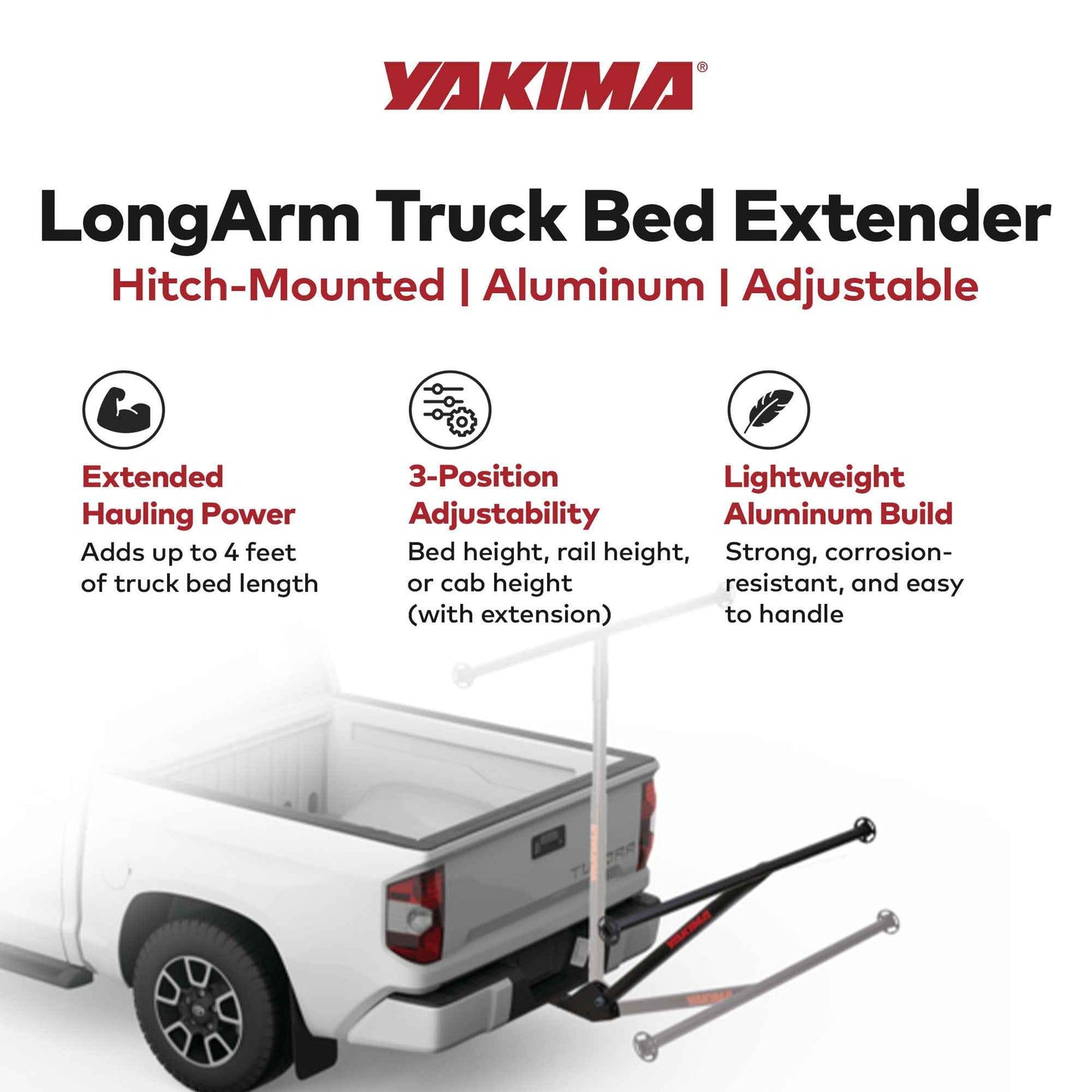 Yakima LongArm Aluminum Hitch Mounted Adjustable Truck Bed Extender Rack, Black