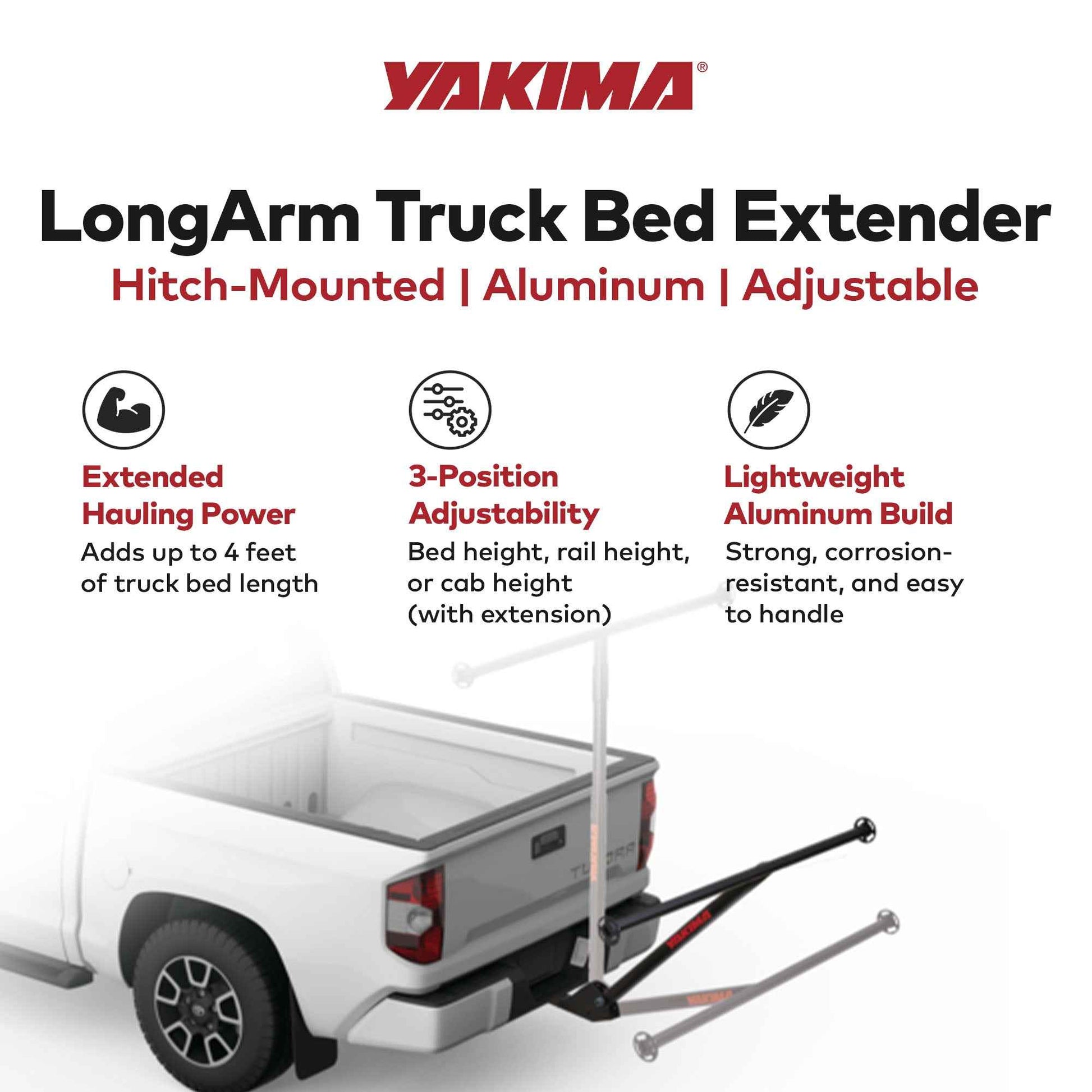Yakima LongArm Aluminum Hitch Mounted Adjustable Truck Bed Extender Rack, Black