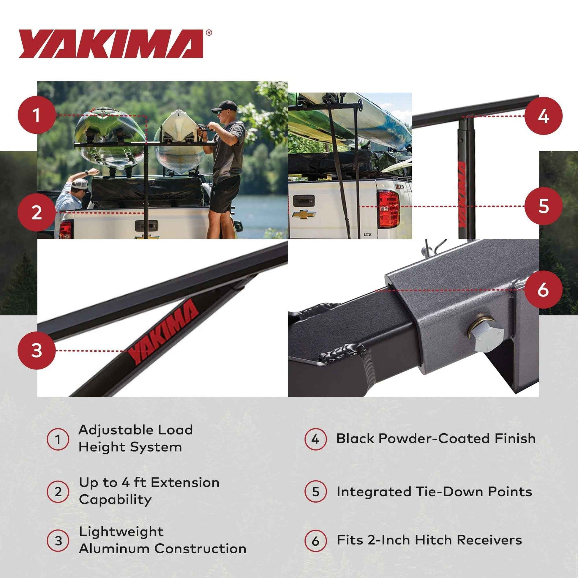Yakima LongArm Aluminum Hitch Mounted Adjustable Truck Bed Extender Rack, Black
