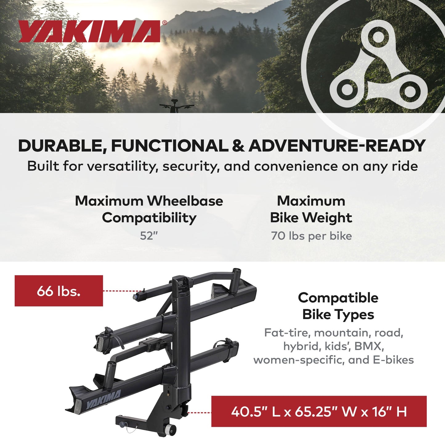 Yakima StageTwo Premium Bike Tray Hitch Bike Rack Compatible w/ 52" Wheelbases - Find Fresh Goods