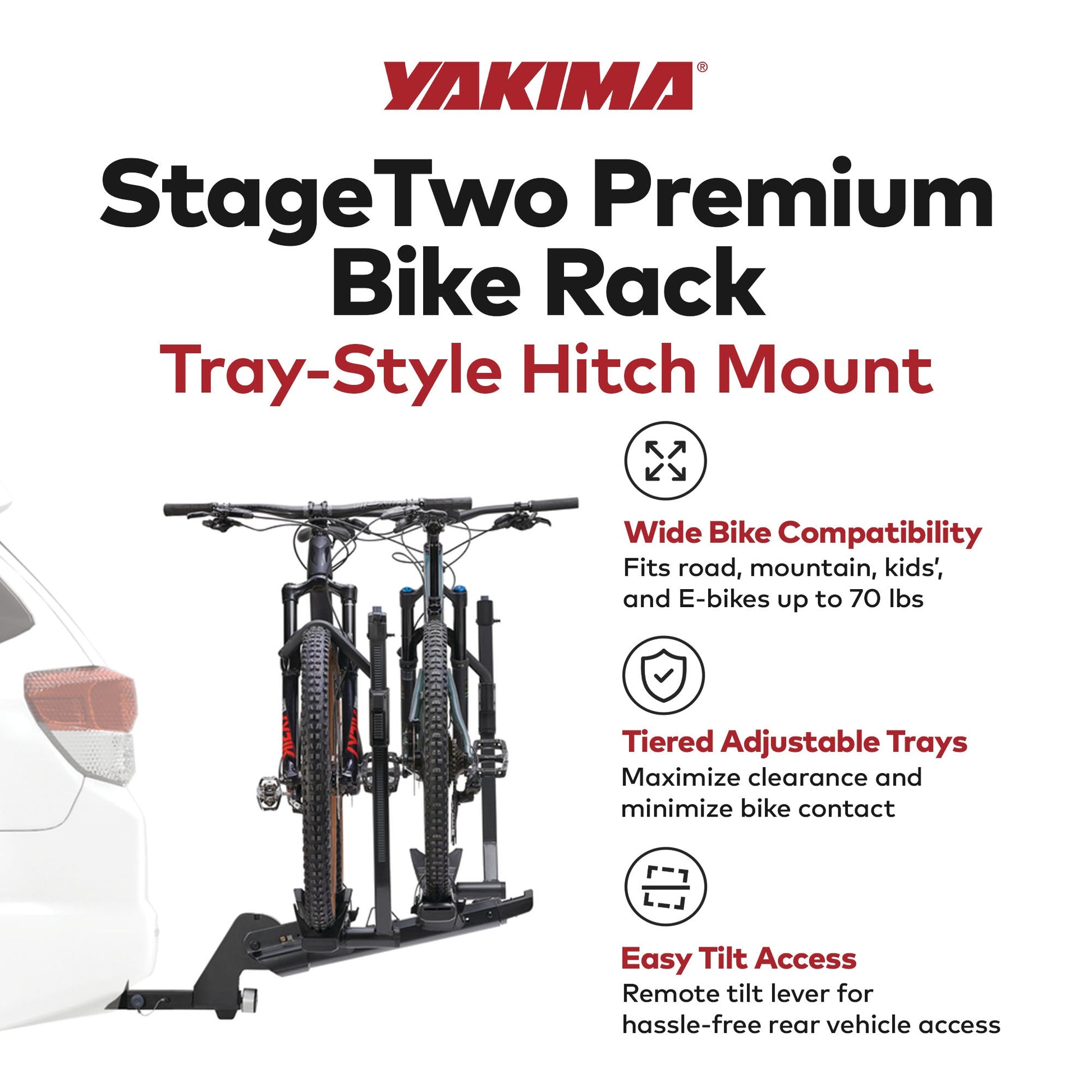 Yakima StageTwo Premium Bike Tray Hitch Bike Rack Compatible w/ 52" Wheelbases - Find Fresh Goods