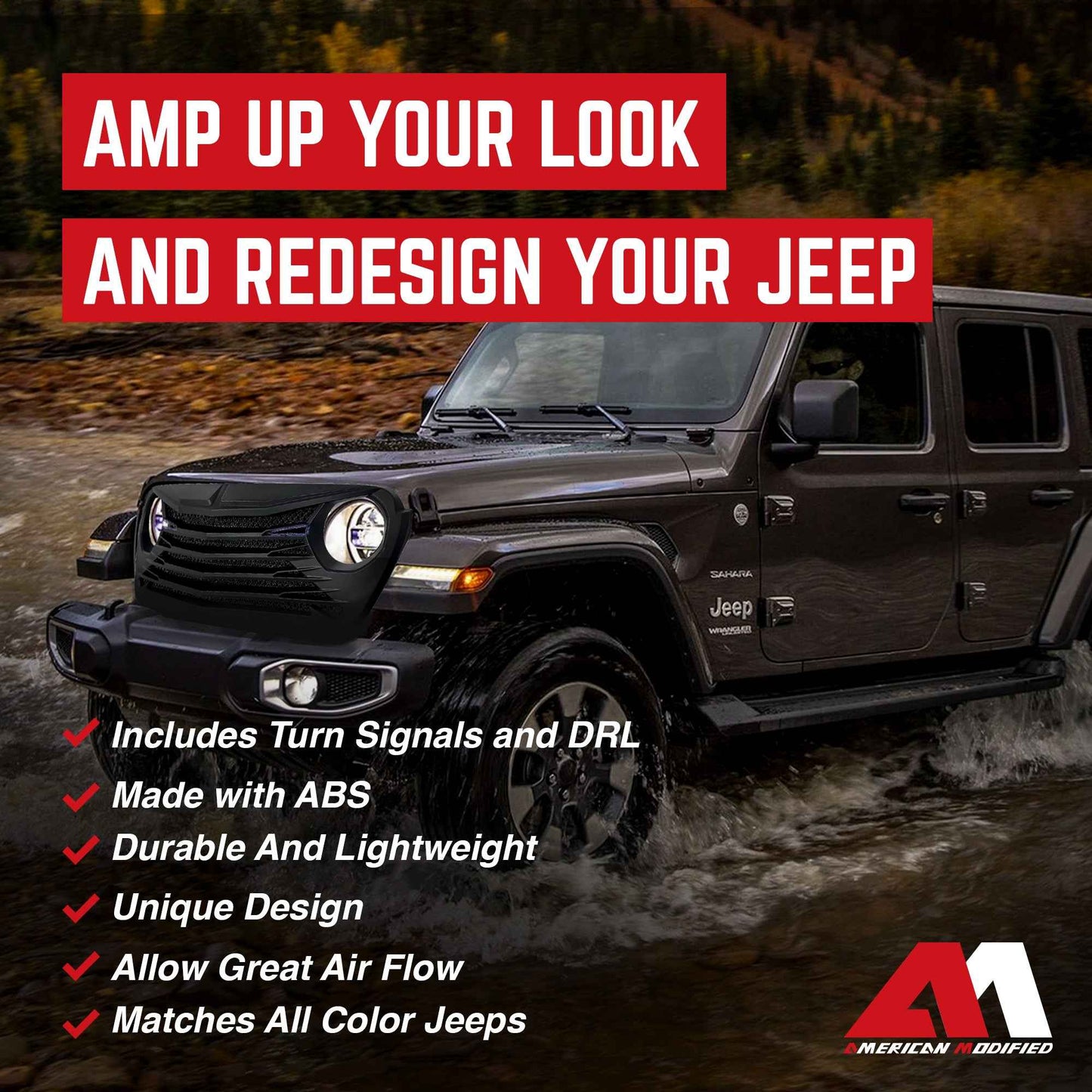 AMERICAN MODIFIED Tomahawk Front Grille w/DRL for 18-23 Jeep Wrangler/Gladiator