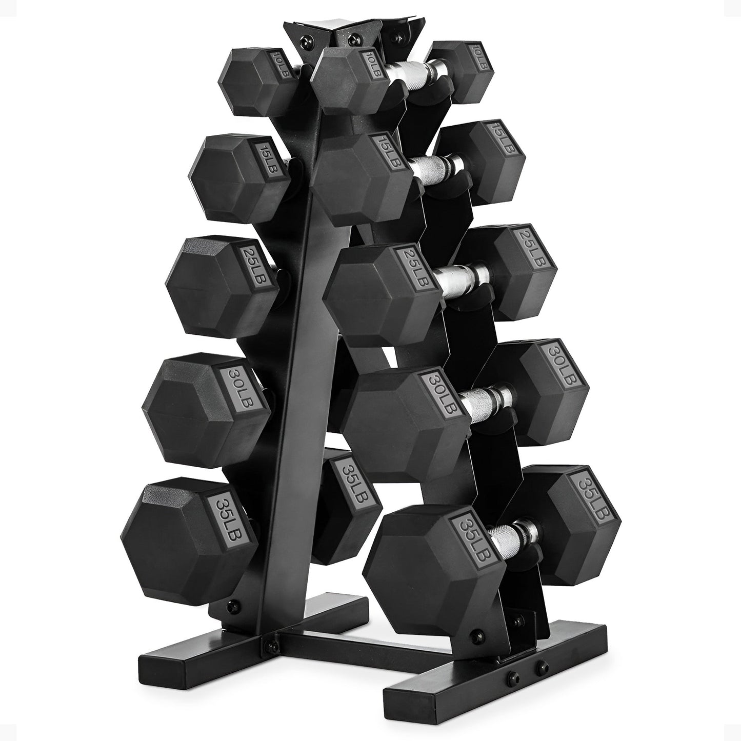 HolaHatha 10, 15, 25, 30 & 35 Lb Hexagonal Dumbbell Weight Set w/ Rack, Black