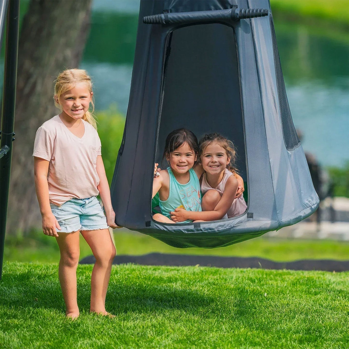 gobaplay Hanging Tent for Round Platform Swing Set with Removeable Cover, Grey