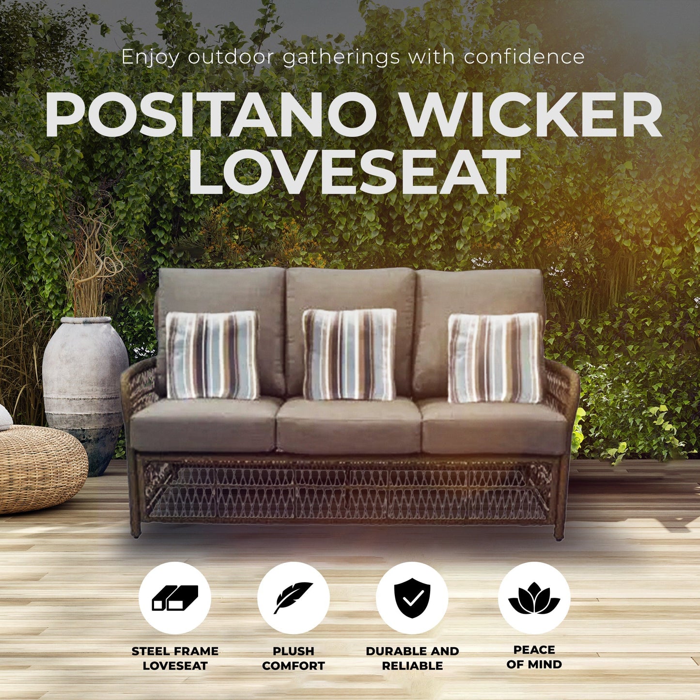 Four Seasons Courtyard Positano 3 Seater All Weather Wicker Loveseat, Beige