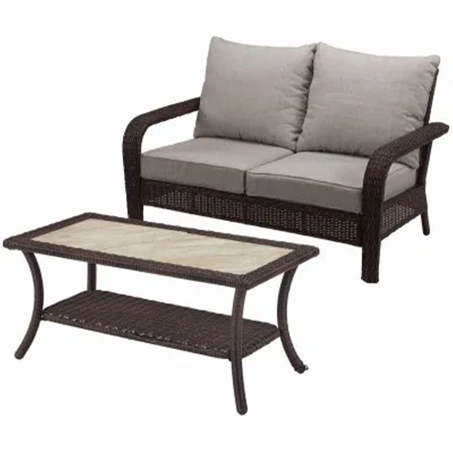 Four Seasons Courtyard Montego Bay Loveseat & Coffee Table, Ivory & Wicker Brown