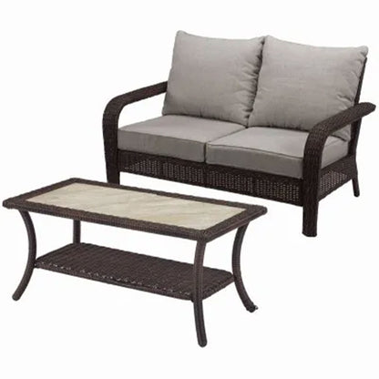 Four Seasons Courtyard Montego Bay Loveseat & Coffee Table, Ivory & Wicker Brown